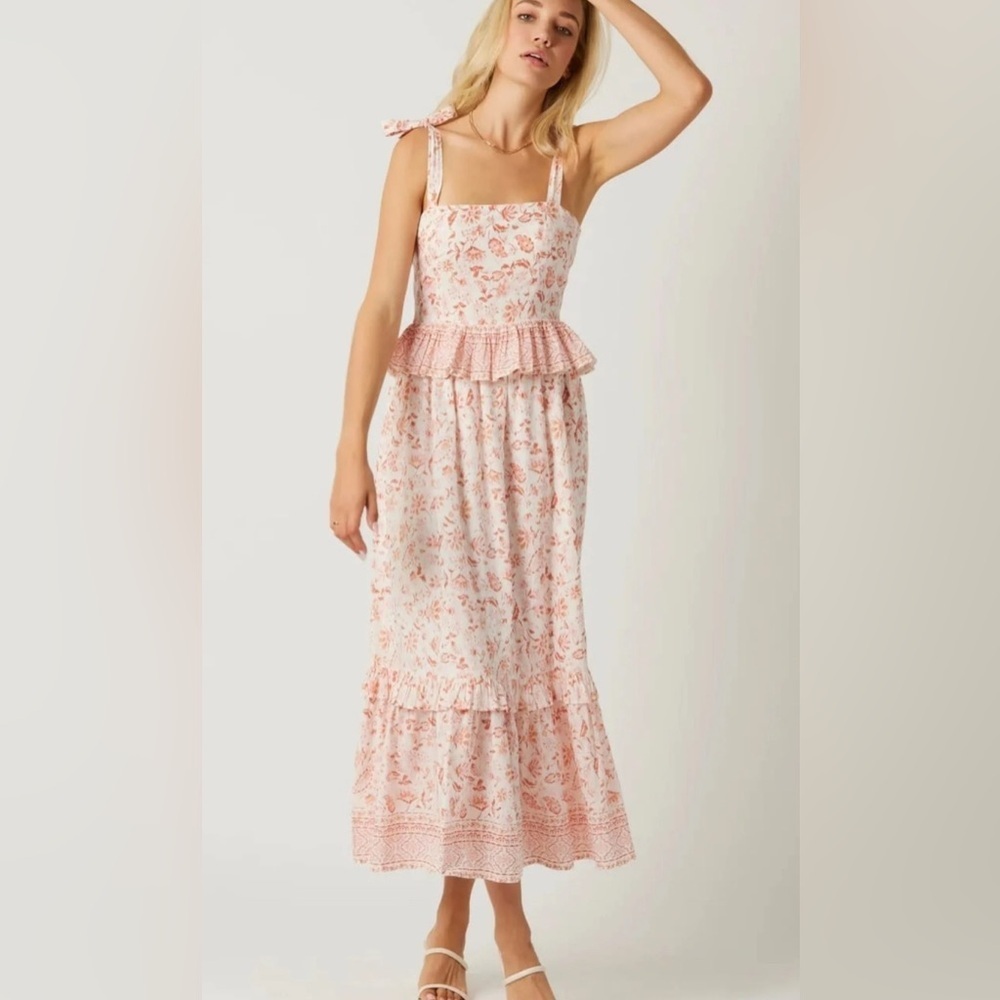 Bila 77 Size Large Via Marisol Peach Floral Print 100% Cotton Ruffle Midi Dress‎